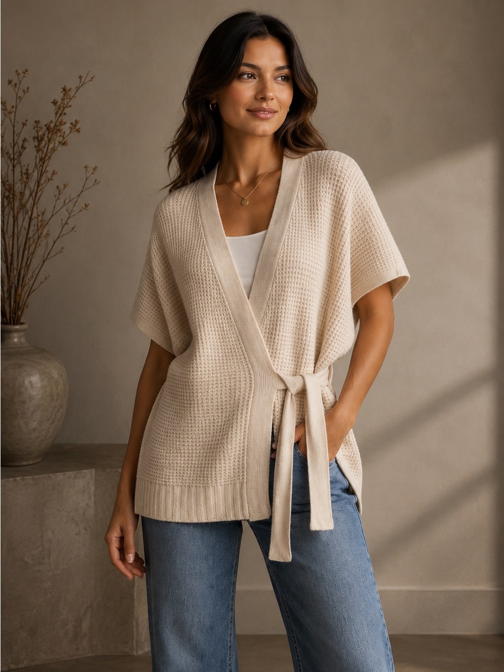 LOFT Cream Knit Wrap Poncho Sweater Vest Belted Soft Cozy, Size XS/S